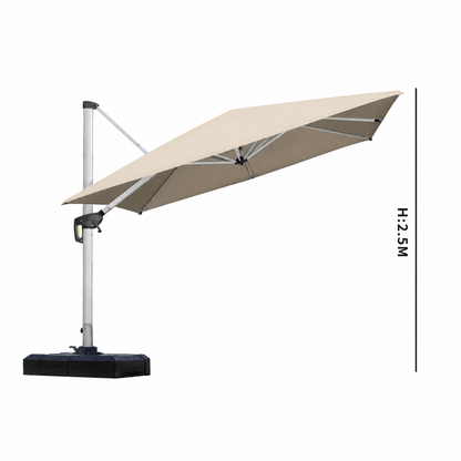 Cantilever patio umbrella with a tilted single-piece canopy and a marked height of 2.5 m.