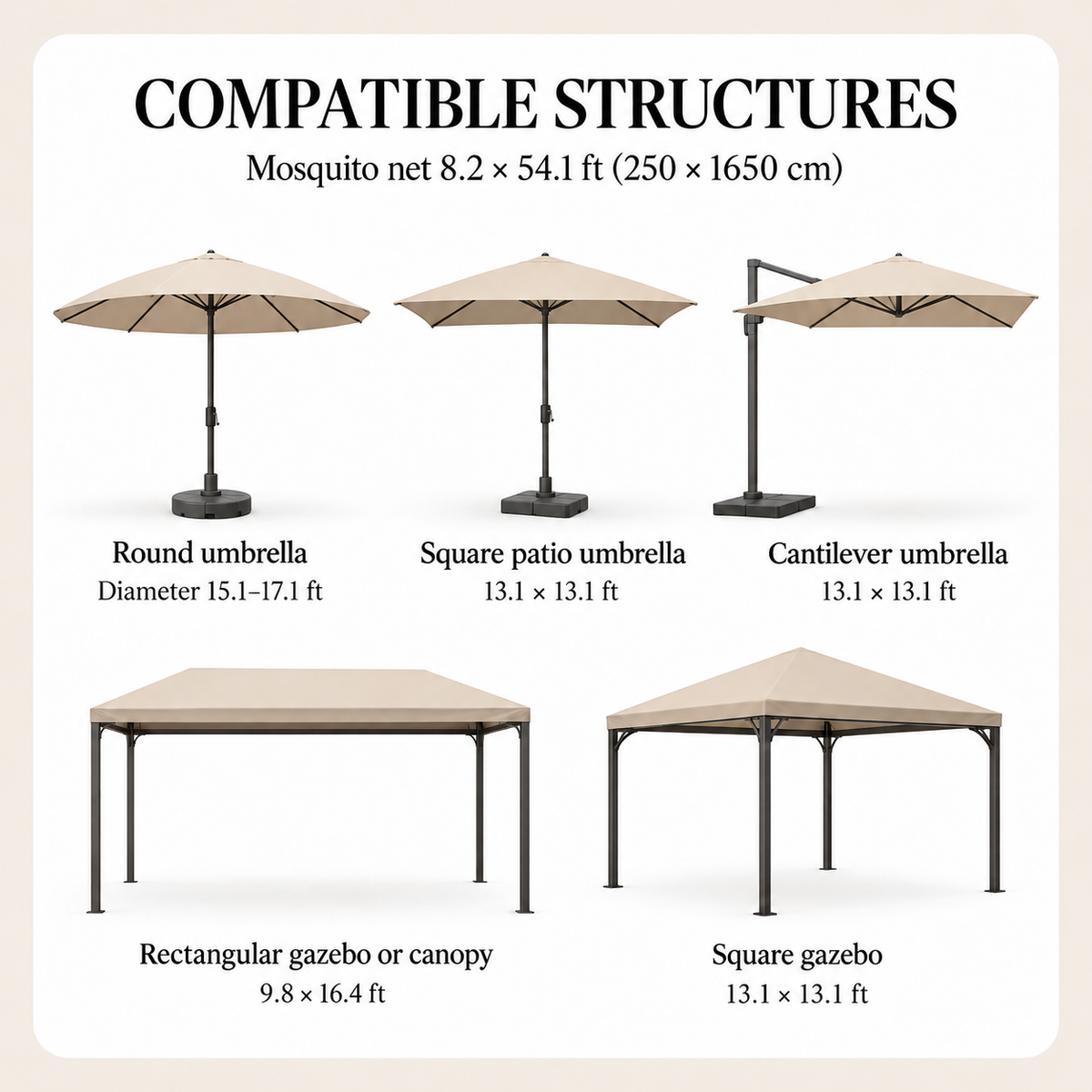 Compatible structures for the Extra Large 250 × 1650 cm mosquito net, including a round umbrella, square patio umbrella, cantilever umbrella, rectangular gazebo or canopy, and square gazebo, with sizes shown in feet.