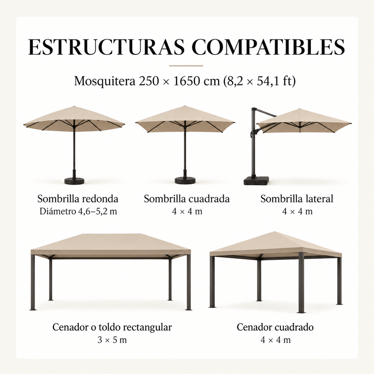 Estructuras compatibles con la mosquitera Extra Grande 250 × 1650 cm: sombrilla redonda, sombrilla cuadrada de 4 × 4 m, sombrilla lateral de 4 × 4 m, cenador o toldo rectangular de 3 × 5 m y cenador cuadrado de 4 × 4 m.