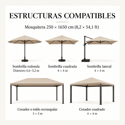 Estructuras compatibles con la mosquitera Extra Grande 250 × 1650 cm: sombrilla redonda, sombrilla cuadrada de 4 × 4 m, sombrilla lateral de 4 × 4 m, cenador o toldo rectangular de 3 × 5 m y cenador cuadrado de 4 × 4 m.
