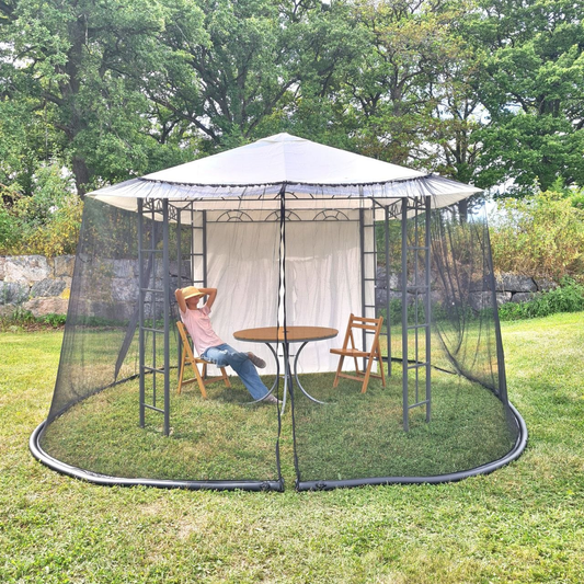Extra-tall 250×1260 cm black mosquito net installed around an outdoor gazebo or patio umbrella