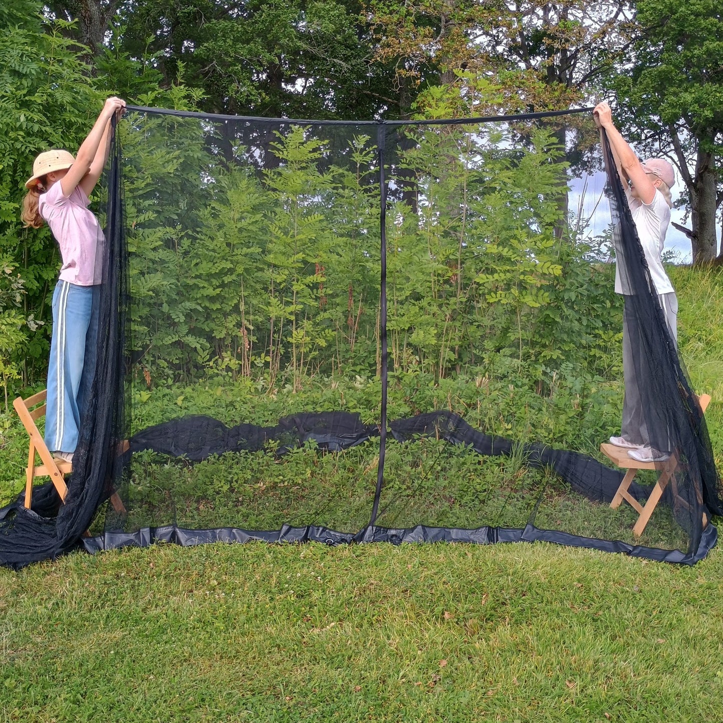 Two people showing the full 250 cm height of an extra-tall mosquito net