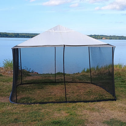 Front view of a black 250 × 1650 cm mosquito net installed on a 4 × 4 m square gazebo