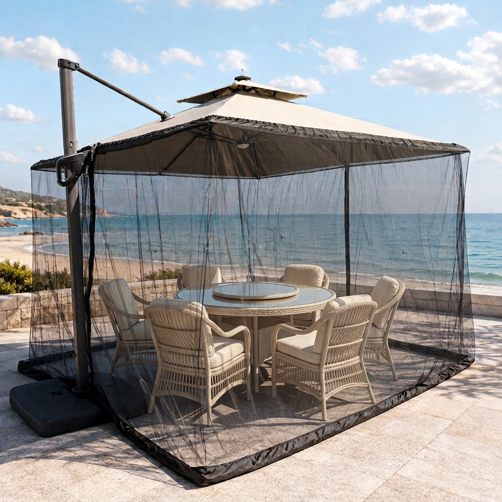 Black mosquito net installed around a square cantilever umbrella with an outdoor dining set on a seaside patio
