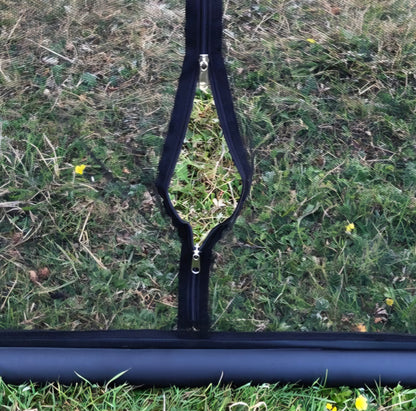 Close-up of the upper zipper section and black mesh on the mosquito net